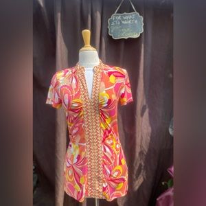 Dana Buchman Psychedelic 60s Floral Blouse - Pink & Yellow Flower Power - XS